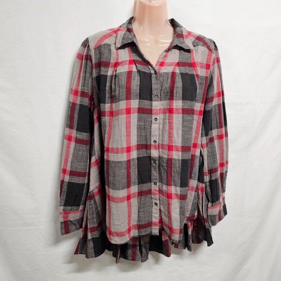 Free People Peppy Plaid Boho Top Oversized Shirt Women Size S Cotton - Picture 11 of 12